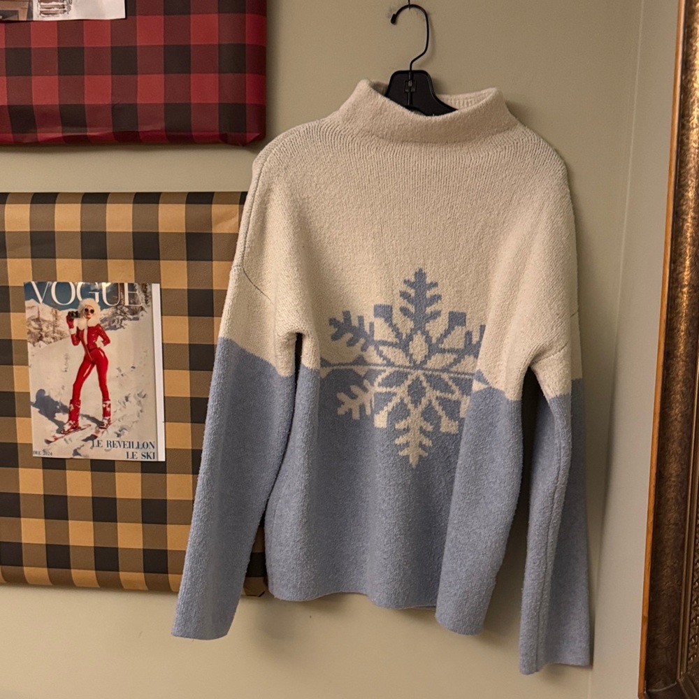 Christian Siriano Snow Pattern Sweater in Cream & Blue Winter Apres Ski L Large - Picture 3 of 4